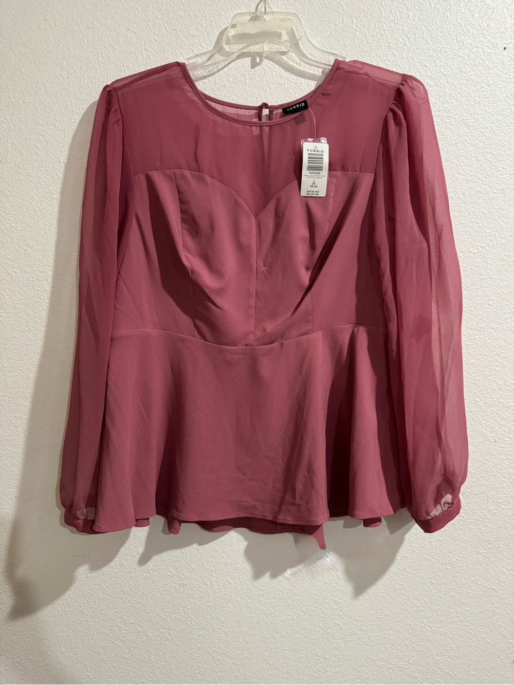 torrid Dusty Rose Sheer-Sleeve Peplum Blouse